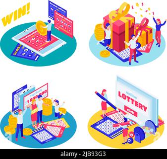 Lotteria jackpot gratta carte biglietti estrazione risultati vincitore Grand premio celebrazione 4 circolare isometrica composizioni illustrazione vettoriale Illustrazione Vettoriale