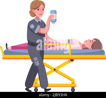 Icona dell'ambulanza con personaggi cartoni animati di illustrazione vettoriale di persone paramediche e ferite Illustrazione Vettoriale