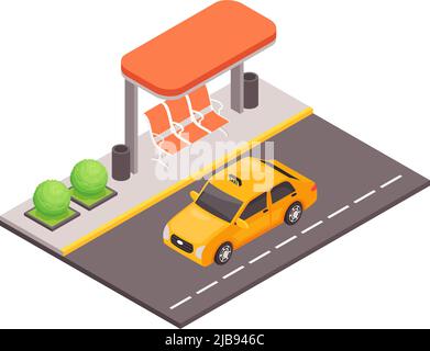 Icona isometrica del trasporto pubblico con moderno rifugio per autobus e taxi auto su strada vettore illustrazione Illustrazione Vettoriale