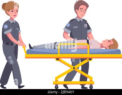 Sad paramedics che trasporta la persona ferita sull'illustrazione vettoriale del cartone animato della barella Illustrazione Vettoriale