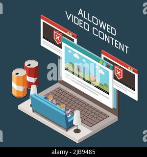 Controllo web parentale composizione isometrica con contenuti indesiderati bloccati bambini che guardano cartoni animati consentiti sul laptop illustrazione vettoriale Illustrazione Vettoriale