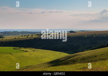 Si affaccia sulla campagna verso la costa, da Ditchling Beacon in Sussex Foto Stock