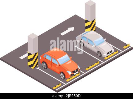 Parcheggio sotterraneo isometrico con due auto parcheggiate 3D illustrazione vettoriale Illustrazione Vettoriale