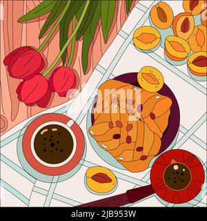 Colorazione cibo vista dall'alto sfondo con frutta panetteria tazza di caffè e bouquet di tulipani illustrazione vettoriale Illustrazione Vettoriale