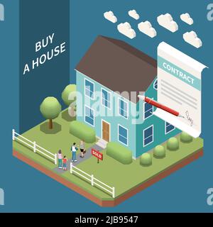 Agenzia immobiliare composizione isometrica con vista esterna di casa in vendita con clienti e disegno vettoriale contratto Illustrazione Vettoriale