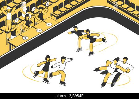 Giudici che guardano tre coppie che partecipano alla gara di pattinaggio di figura 3D illustrazione vettoriale isometrica Illustrazione Vettoriale