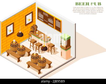 Birreria pub interno composizione isometrica con menù bordo refrigeratori tavoli di quercia banchi barili bicchieri full illustrazione vettoriale Illustrazione Vettoriale