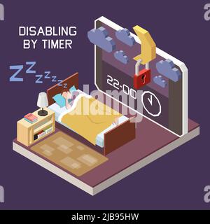 Controllo digitale parentale che limita la composizione isometrica del tempo dello schermo con la funzione di illustrazione vettoriale dello smartphone del timer disabilitata Illustrazione Vettoriale