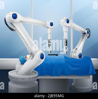 Composizione realistica con due bracci robotici che eseguono l'illustrazione vettoriale dell'operazione chirurgica Illustrazione Vettoriale