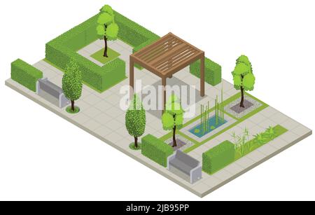 Paesaggio disegno composizione isometrica con vista del parco pubblico con alberi recinzioni verdi e terrazza illustrazione vettoriale Illustrazione Vettoriale