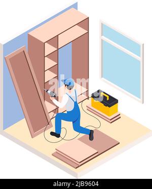 Lavori di riparazione di ristrutturazione composizione isometrica con carattere maschile di lavoro assemblaggio di mobili illustrazione vettoriale Illustrazione Vettoriale