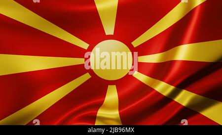 Nord Macedonia bandiera a schermo intero sfondo, seta farbrico, primo piano ondeggiante nel vento Foto Stock