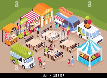 Isometric food Courts fair composizione con vista del terreno fieristico con tavoli posti mercato bancarelle e furgoni illustrazione vettoriale Illustrazione Vettoriale