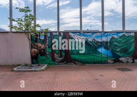 Barriera antirumore a Hombrucher Straße ad Essen-Frillendorf, lungo l'autostrada A40, lunga 250 metri, i residenti di una casa avevano un lago di montagna immagine pai Foto Stock