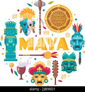 Concetto di fumetto di civiltà Maya con simboli di cultura e tradizioni illustrazione vettoriale Illustrazione Vettoriale
