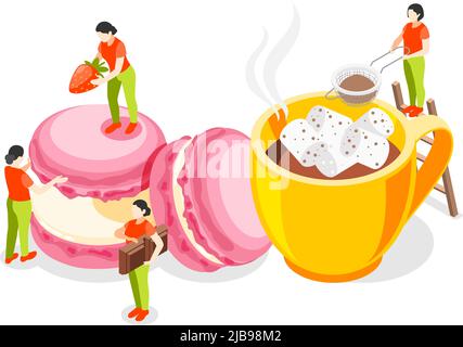 Panetteria sfondo isometrico con grandi icone cookie e personaggi piccola gente illustrazione vettoriale Illustrazione Vettoriale