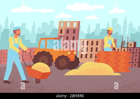 Costruzione mattone casa composizione piatta con paesaggio urbano esterno silhouette e caratteri di costruttori con forniture illustrazione vettoriale Illustrazione Vettoriale