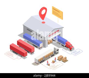 Composizione isometrica con autocarri e contenitori vicino all'edificio del magazzino e lavoratori che caricano merci 3D illustrazione vettoriale Illustrazione Vettoriale
