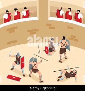 Composizione dei gladiatori dell'antica roma isometrica in vista di un'arena rotonda con pubblico e guerrieri in combattimento con illustrazione vettoriale Illustrazione Vettoriale