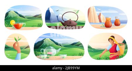Produzione di tè naturale composizioni piatte con set di articoli per tè tradizionale cinese bere illustrazione isolata vettore Illustrazione Vettoriale
