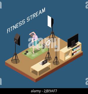 Vlogging concetto isometrico con femminile fitness blogger streaming workout 3D illustrazione vettoriale Illustrazione Vettoriale