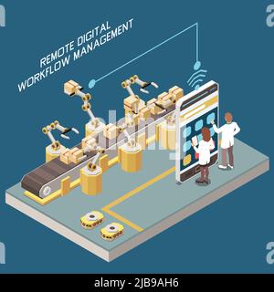 Digitalizzazione del concetto isometrico di produzione 3D con i dipendenti della fabbrica che controllano i bracci robotizzati e l'illustrazione dei vettori dei trasportatori Illustrazione Vettoriale