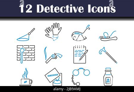 Set di icone detective. Contorno grassetto modificabile con disegno di riempimento a colori. Illustrazione vettoriale. Illustrazione Vettoriale