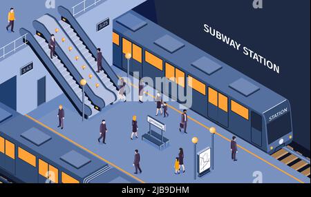 Stazione metropolitana della metropolitana composizione isometrica con passeggeri che scendono in scala mobile treno d'imbarco in attesa sulla piattaforma illustrazione vettore Illustrazione Vettoriale