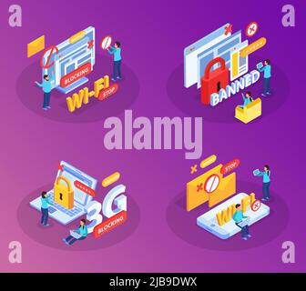 Blocco di siti internet utenti dispositivi da rete wifi Concept 4 composizioni isometriche con simboli di blocco illustrazione vettoriale Illustrazione Vettoriale