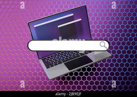 3D illustrazione colorata di un moderno computer portatile con una barra di ricerca di informazioni su sfondo a nido d'ape. Il concetto di comunicazione via Internet, Foto Stock