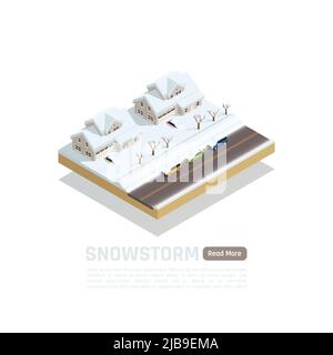 Naturale disastro isometrico isolato composizione con tempesta di neve nella città descrizione e per saperne di più pulsante vettore illustrazione Illustrazione Vettoriale