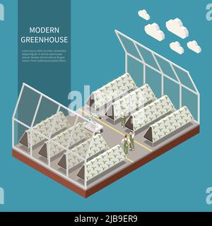 Moderno concetto isometrico di serra complesso con illustrazione vettoriale di simboli di hydroponics e di aeroponics Illustrazione Vettoriale