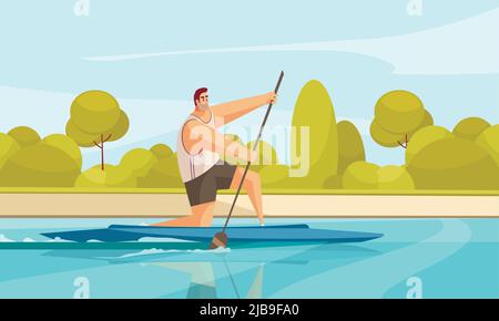 Sport estivo canottaggio composizione con paesaggio fluviale all'aperto con rive verdi e carattere umano di illustrazione vettoriale canoista Illustrazione Vettoriale