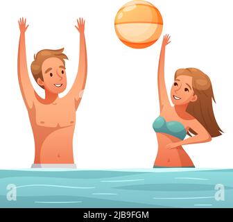 Estate sport acquatici cartoon composizione con personaggi di uomo e donna che giocano con la palla in acqua vettore illustrazione Illustrazione Vettoriale