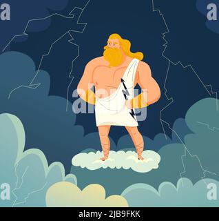 Dio greco del cielo e tuono zeus con illustrazione vettoriale di cartoni animati fulminei Illustrazione Vettoriale