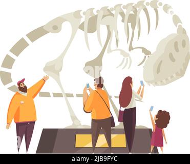 Escursione guidata composizione con gruppo di turisti che circondano il podio con scheletro di illustrazione vettoriale dinosauri Illustrazione Vettoriale
