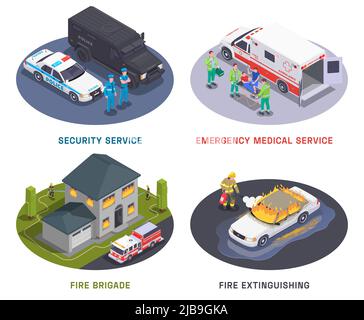 Servizio di emergenza 4 composizioni isometriche con team medico vigili del fuoco e guardie di sicurezza al lavoro illustrazione vettoriale. Illustrazione Vettoriale