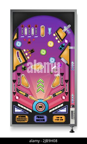 Macchina classica flipper realistica vista dall'alto con pistone a sfera in acciaio luci lampeggianti gioco campo ostacoli illustrazione vettoriale Illustrazione Vettoriale