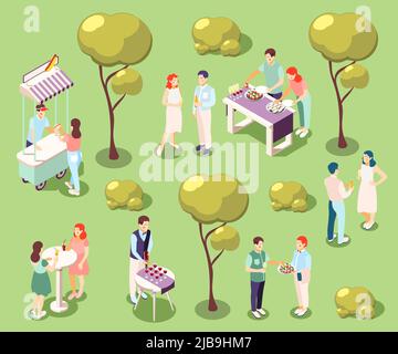 Catering e banchetti in composizione isometrica parco con cibo e bevande isolato illustrazione vettoriale Illustrazione Vettoriale