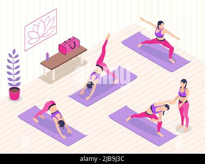Yoga studio sfondo isometrico con gruppo di personaggi femminili facendo esercizi con illustrazione vettoriale allenatore Illustrazione Vettoriale