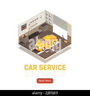 Sistemi di assistenza auto controllo regolazione sostituzione parti compreso filtro pneumatici scarichi freni sterzo composizione isometrica illustrazione vettoriale Illustrazione Vettoriale