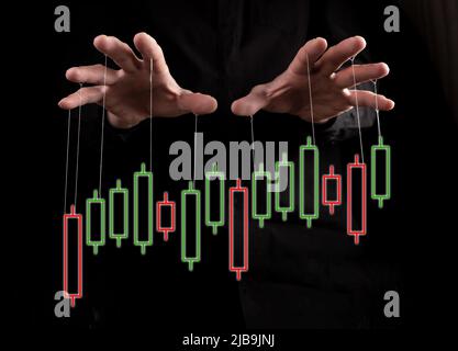 Manipolazione del mercato azionario. Le mani con le corde sopra il grafico del candelabro per cambiare, controllando il movimento dei prezzi su sfondo nero. Frodi nel commercio e nella finanza. Foto di alta qualità Foto Stock