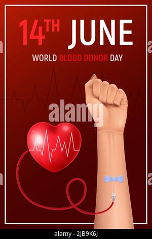Poster realistico della giornata mondiale dei donatori di sangue con la mano e il cuore umani su sfondo rosso illustrazione vettoriale Illustrazione Vettoriale