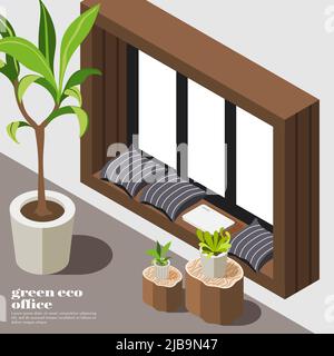 Sfondo isometrico verde ufficio con attrezzature eco-compatibili e strumenti piante e mobili illustrazione vettoriale Illustrazione Vettoriale