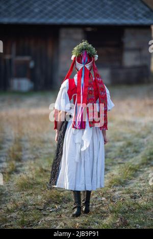 Donna vestita in costume tradizionale folk. Costume slovacco in autunno natura. Vecchio cottage di campagna sullo sfondo. Dettagli del costume slovacco di Detv Foto Stock