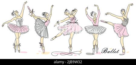 Ballerino donna set di disegno linea continua in rosa. Logotipo di tendenza della danza. Illustrazione Vettoriale