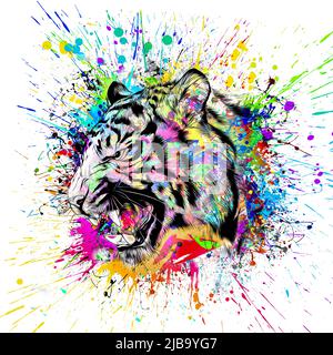 tiger testa con elementi astratti creativi e colorati su sfondo scuro colore arte Foto Stock