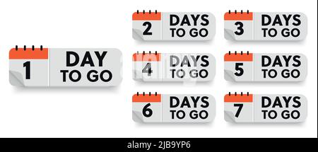 Badge per conto alla rovescia. Numero di giorni rimanenti, da 1 a 7. Conto alla rovescia giorni a sinistra, contatore stilizzato in rosso e nero Illustrazione Vettoriale