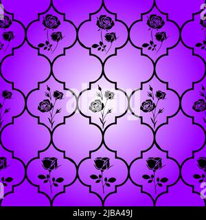 motivo geometrico nero cespuglioso con elementi floreali su sfondo viola, mattonelle, ripetizione simmetrica, texture, design Illustrazione Vettoriale