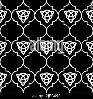 motivo geometrico bianco cespuglioso su sfondo nero, piastrella, ripetizione simmetrica, texture, design Illustrazione Vettoriale